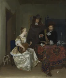 A Woman Playing a Theorbo to Two Men, ca 1668