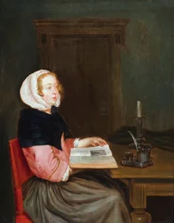 An Interior with a Woman Seated at a Table Holding a Book