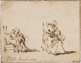 Two studies of a woman washing a child