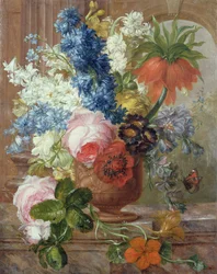Roses, Delphiniums, Anemone, Nasturtium and an Imperial Lily in a Sculpted Urn on a Marble Ledge
