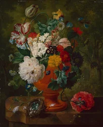 Summer Flowers in an Urn with a Bird Nest on a Marble Ledge