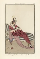 Woman in gaberdine dress with hand-embroidered frills