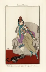 Woman in vest of Scottish silk vest, crepe cotton skirt