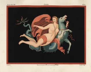 A Nereid (Sea Nymph) in Mantle and Bracelets Riding on a Sea Monster or Hippocampus, Half Horse and Half Fish. Museo Naz. XXII, Stabiae. Drawn and Chromolithographed by Victor Steeger from Emile Presuhn (1844-1878) The Most Beautiful Paintings of Pompeii