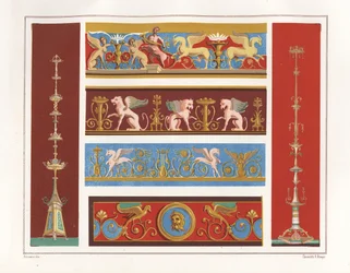 Candelabra (left) from the Casa del Panettiere or House of the Baker, candelabra (right) and frieze (top) from House of Caecilius Iucundus, arabesques with griffins from Casa dei Dioscuri or House of Castor and Pollux, and ornamental details