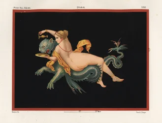 Nereid sea nymph supported by a monster, half panther and half fish. Museo Naz. XXII, Stabiae. Chromolithograph by Victor Steeger after an illustration by Geremia Discanno from Emile Presuhn The Most Beautiful Paintings of Pompeii, Leipzig