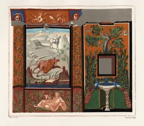 Wall mural in a viridarium (garden) of a tiger attacking a bull, and peacocks on a fountain, from the House with the Inscribed Pictures, Regio V, Insula I, N. 18