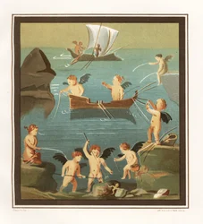 Wall painting of cupids playing, fishing, sailing from a cubiculum in the House of the Restaurant (Casa di Lupanare Piccolo)