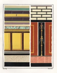 Wall paintings from rooms in the House of the Epigrams. V, Ins. 1, No. 18. On the left, a mural from an atrium, and at right, a mural from an antichamber. Chromolithograph by Victor Steeger after an illustration by Geremia Discanno from Emile Presuhn