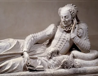 Funeral monument: Tomb with likeness of Jeanne Valentine Balbiani (1518-1572), wife of Cardinal René de Birague (1506-1583), Chancellor of France. Detail. Marble sculpture by Germain Pilon (1535-1590), circa 1573. Paris, Musée du Louvre