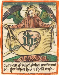 Sacred Monogram in a Sacred Heart on a Cloth Held by an Angel