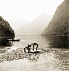 Eva Braun in Her Bathing Suit Exercising at Koenigssee
