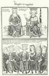 A depiction of the Sangerkrieg, a contest between minstrels at the Wartburg castle in Thuringia in 1207, from the Codex Manesse
