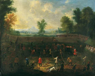 A fox-tossing match with elegant company spectating