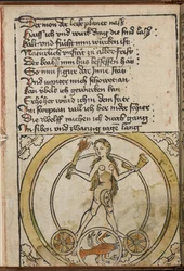 A naked female figure holding a burning torch. A scorpion representing Scorpio.