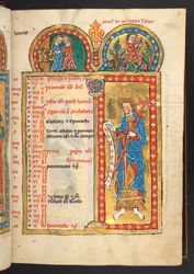 Add. 60629, f.3 May, from 12 Calendar pages in gold and colours, with architectural frames each containing a sign of the Zodiac, an apostle and a labour of the month