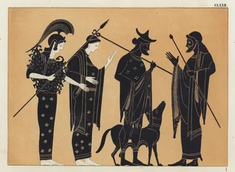 Ancient Greek figures, including Athena, with dog