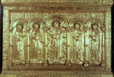 Antependium depicting Christ with the donors at his feet between the Archangels Gabriel, Raphael and Michael and St. Benedict