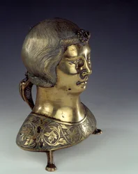 Aquamanile in Gold Bronze in the Shape of a Young Man