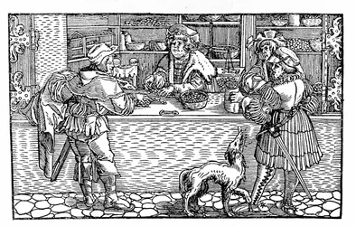 Bureau de change et barter (German Xylography of the 16th century)