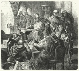 Charlemagne consulting with scholars and clergymen