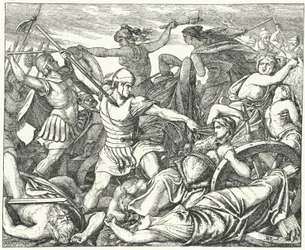 Cimbrian Women Defending Their Baggage Train Against Attacking Roman Soldiers, Late 2nd Century AD (engraving)