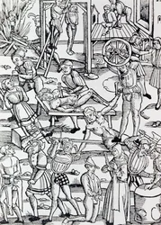 Different forms of punishment used in Germany in 1500 for various crimes, Engraving, Germany