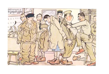 Edwardian humorous postcard of new recruits examined at an army station, c.1910