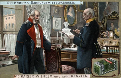 Emperor William I of Germany and Prussia (1797-1888) and Chancellor Otto von Bismarck (1815-1898) discuss political issues. Chromolithography, late 19th century.