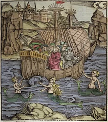 The Trojan heroes Aeneas and his companions cross a sea full of sirens (xylography by Sebastian Brant)