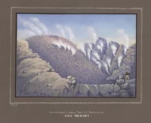 Eruptions and Inner Wall of the Merapi Volcano, Pl. V from Topographischer und Naturwissenschaftlicher Atlas zur Reise durch Java, by Dr.Fr.Junghuhn, Magdeburg 1845
