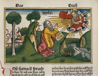Exodus 34:1-10 Moses receives the second tablets with the Ten Commandments, from the Nuremberg Bible