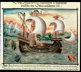 Galleon in full sail en route to Portugal, illustrated by the Coler family of Nuremburg