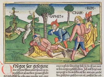 Genesis 9:20-27 Noah Covered with a Cloak by His Sons Shem, Ham and Japeth, from the Nuremberg Bible