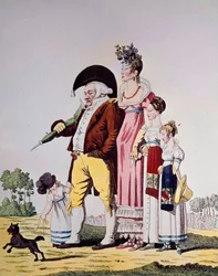 German bourgeois walk on Sunday. Caricature representing a German family in Sunday dress. Engraving of the 19th century
