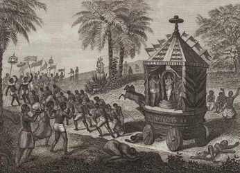 Hindu Worshippers Pulling a Car of Juggernaut in Ancient India. Illustration for Bilder-Atlas