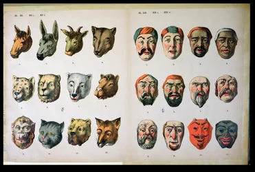 Human and animal carnival masks, page from a manufacturers catalogue from Mannebach, Thuringe, Germany, c.1865