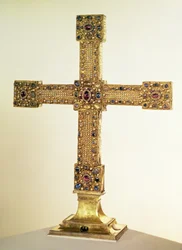 Imperial Cross of the Holy Roman Empire made of oak covered in plates of gold and decorated with pearls and precious stones, West German, 1024-25