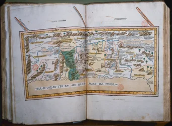 Map of the Holy Land, based on descriptions and co-ordinates given in Cosmographica, by Ptolemy (Claudius Ptolemaeus of Alexandria) published in Ulm, Germany, by Johann Reger