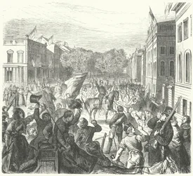 King Frederick William IV of Prussia riding past Berlin University on his way to attend a mass funeral of civilians killed in riots, 21 March 1848