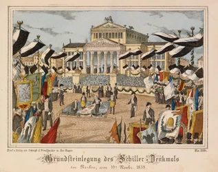 Laying of the Foundation Stone of the Schiller Monument at Gendarmenmarkt, Berlin, 10 November 1859, with the Schauspielhaus in the Background, from Neuruppiner Bilderbogen, Published by Oehmigle & Ri