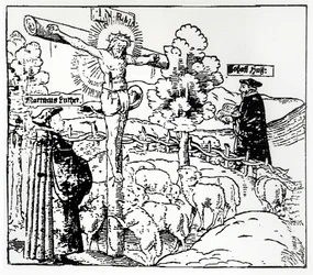 Luther and Hus with Christ in the Sheepfold
