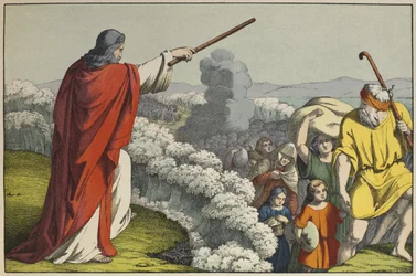 Moses dividing the waters of the Red Sea, illustration from L