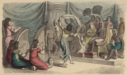 Musicians and dancers performing before the Pharaoh in Ancient Egypt