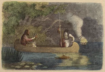 Native Americans Fishing at Night (Coloured Engraving)