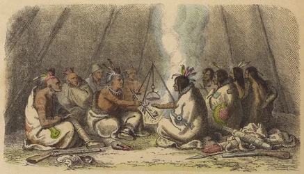 Native Americans of the Fox and Raven Tribes Smoking the Peace Pipe