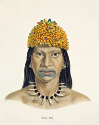 Native Man of the Mauhe Tribe, with Headdress of Small Blue and Orange Feathers, from Atlas of a Journey in Brazil by Johann Baptist von Spix and Karl Friedrich Philipp Martius