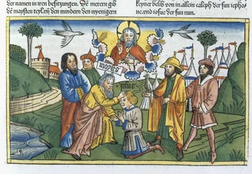 Numbers 27:18-23 Moses lays his hand upon Joshua, from the Nuremberg Bible