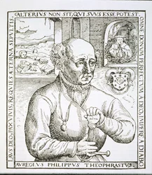 Portrait of Theothrastus Paracelsus, copy of an illustration from his book Astronomica et Astrologica Pouscula, Cologne 1567, used in a History of Magic, published late 19th century