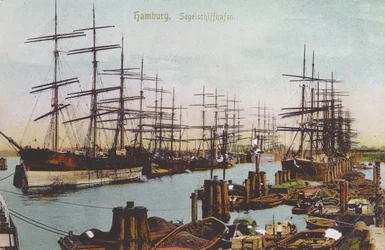 Postcard of the sailing ship harbour at Hamburg, c.1900